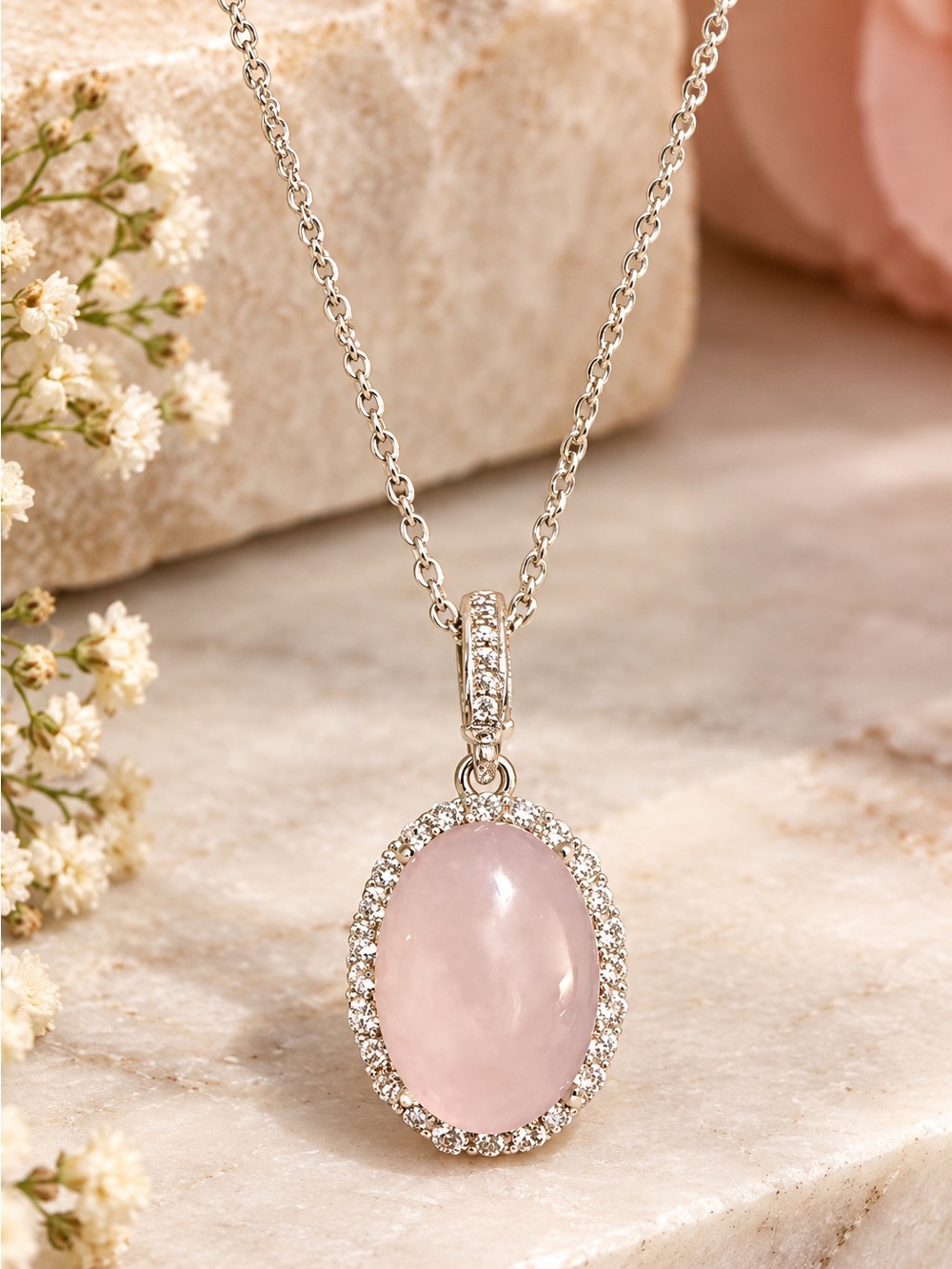 Rose Quartz Halo Silver Pendant Necklace – Stainless Steel Chain